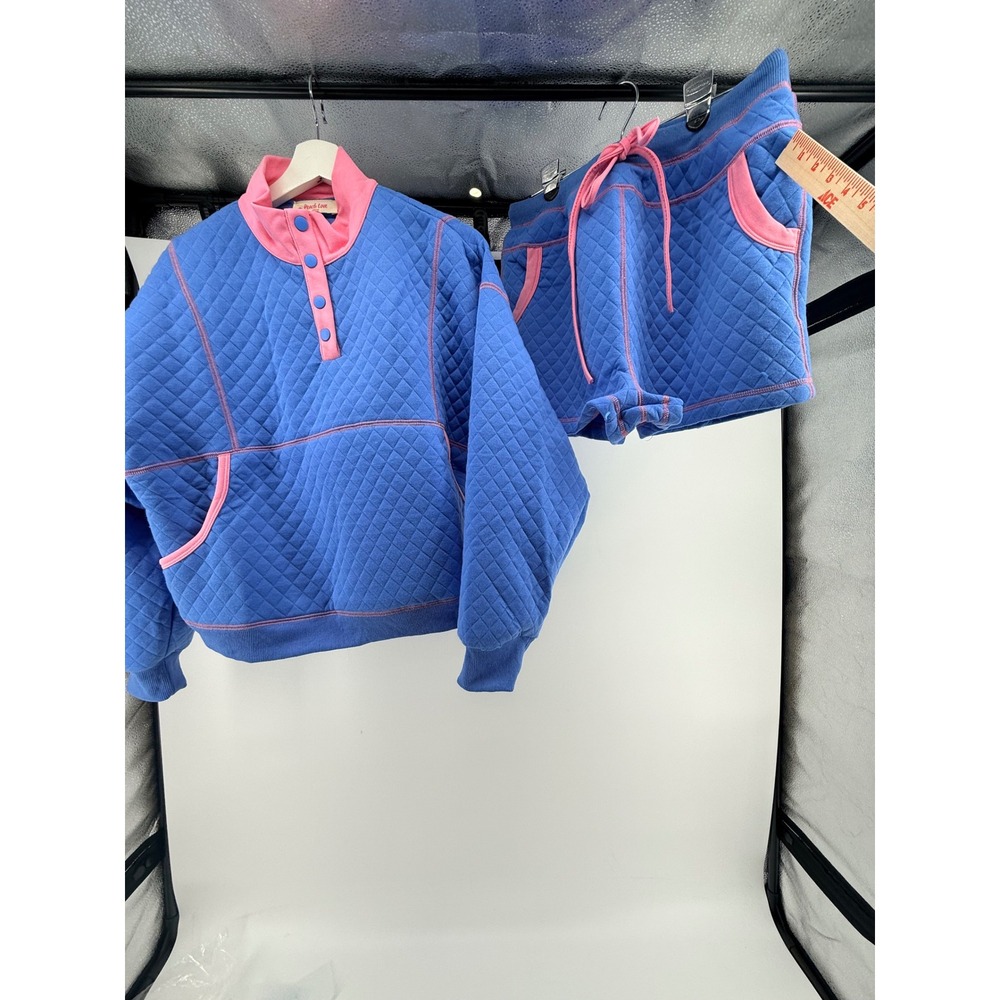 Beach Riot Quilted Pullover and Shorts Set Blue Pink Trim Snap Neck Women Large